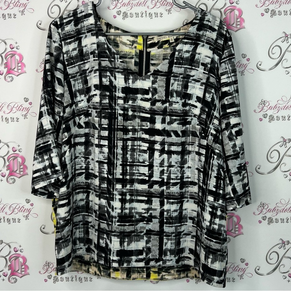Rachel Roy blouse zip up back green abstract Stylish Black White Women's Top